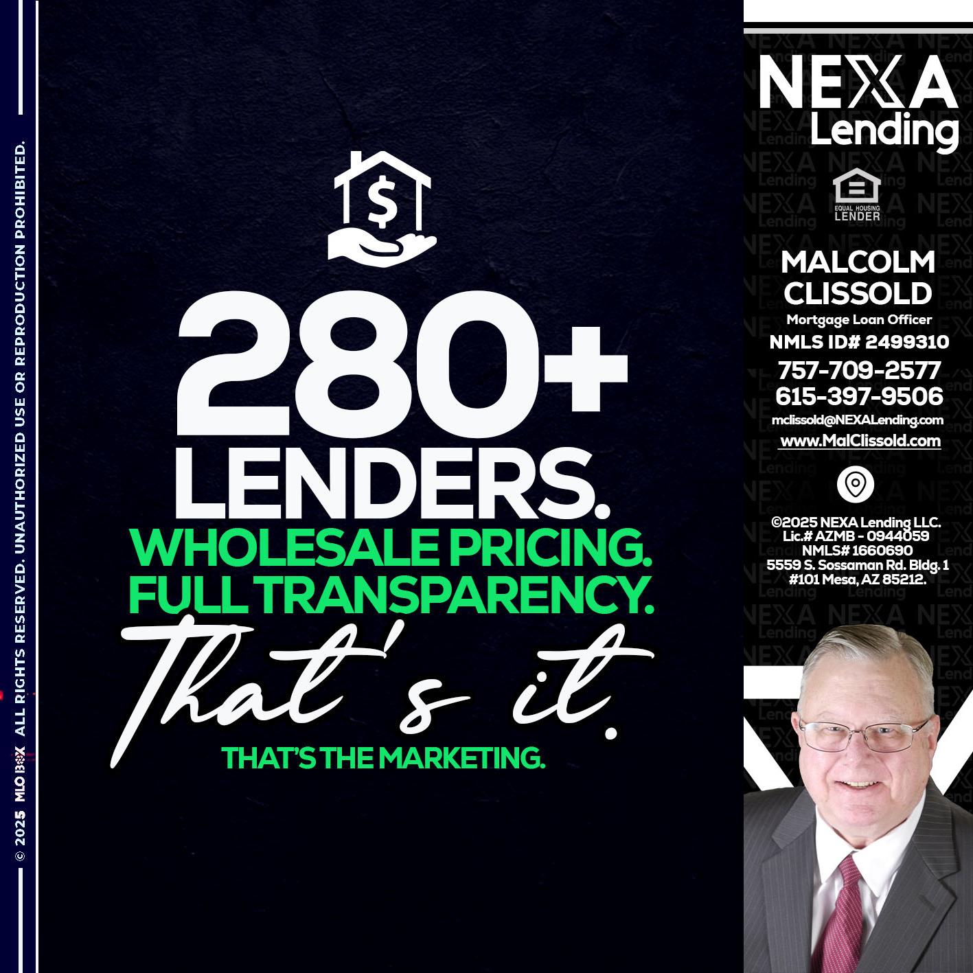 280+ LENDERS - Malcolm Clissold -Mortgage Loan Officer