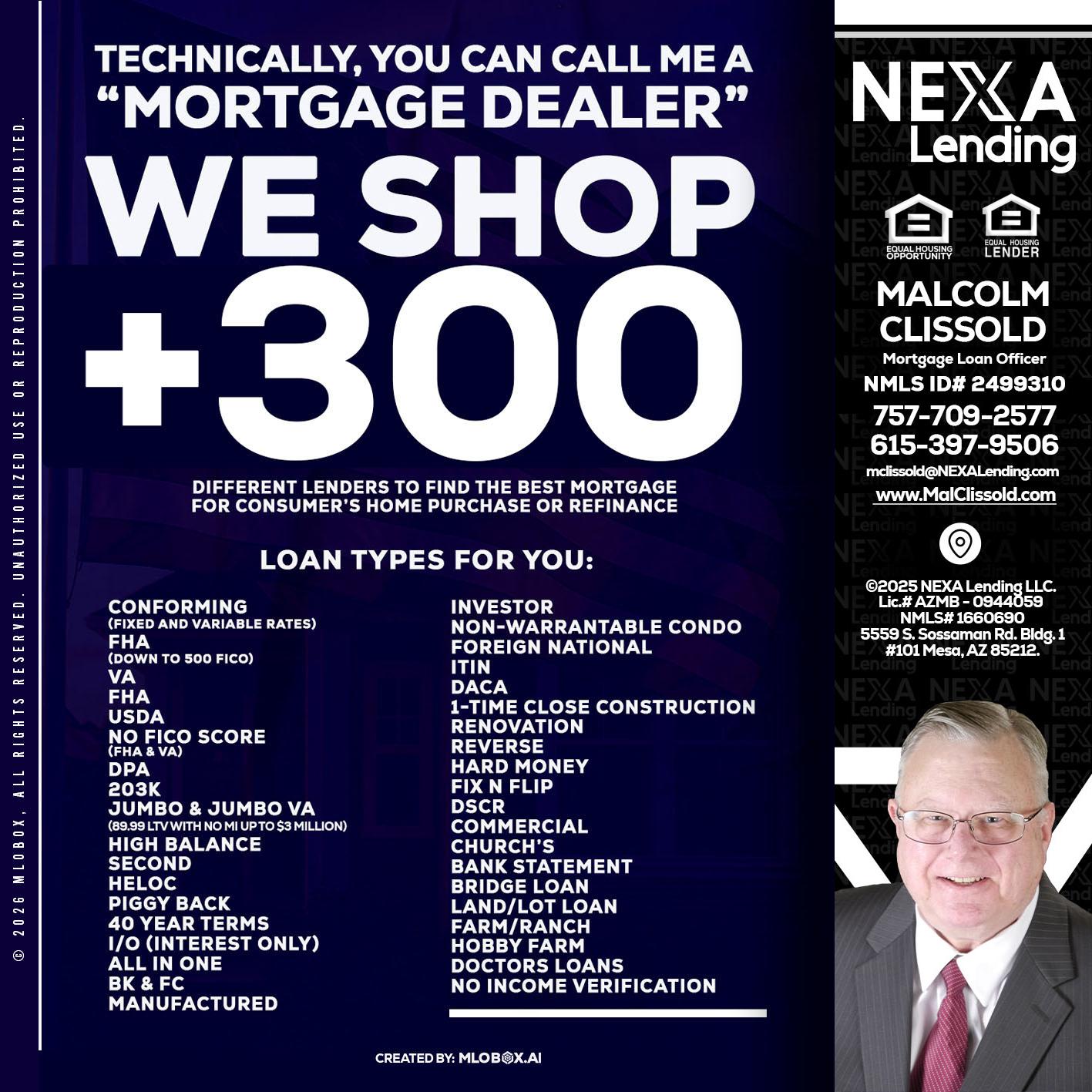 300+ LENDERS - Malcolm Clissold -Mortgage Loan Officer