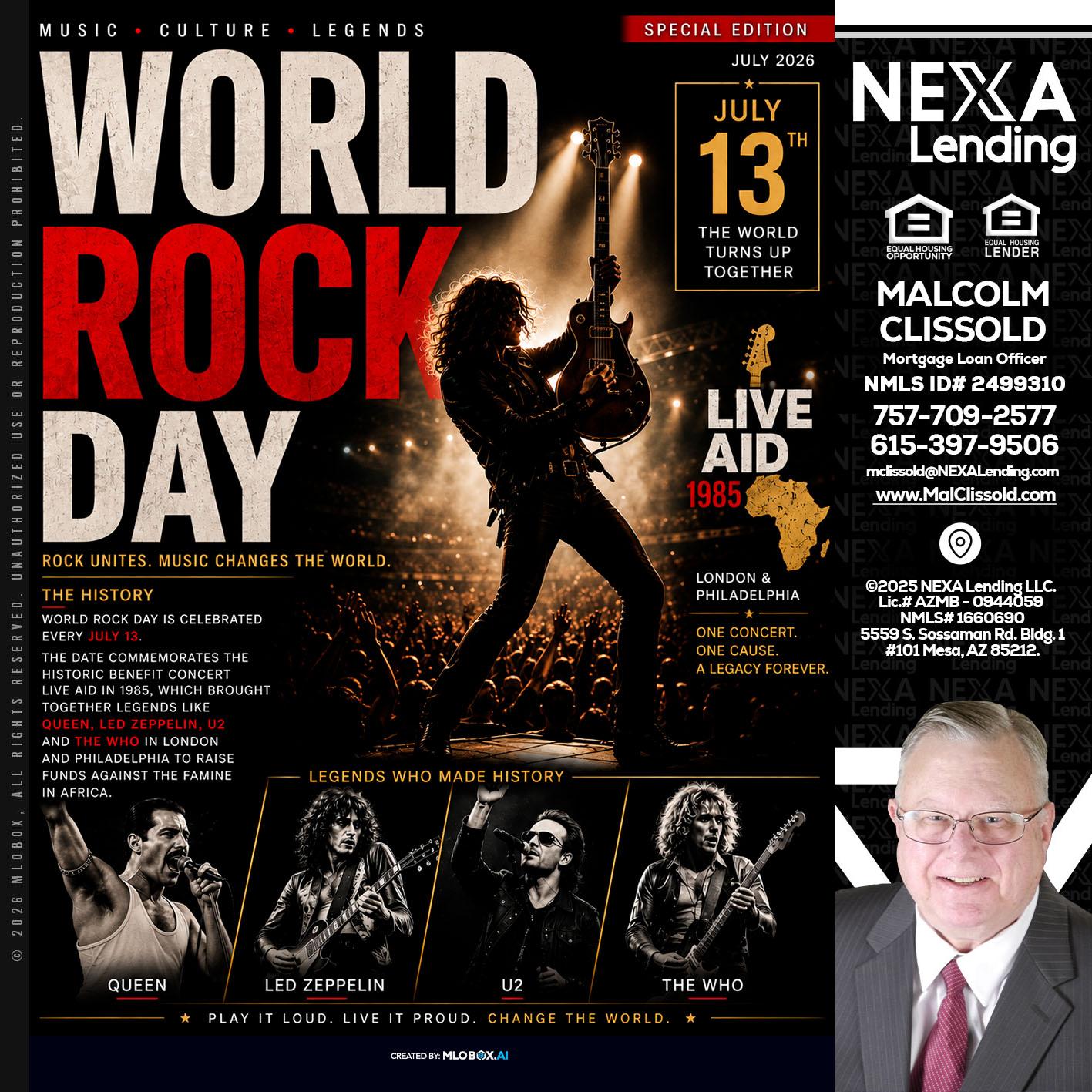 WORLD ROCK MUSIC DAY - Malcolm Clissold -Mortgage Loan Officer